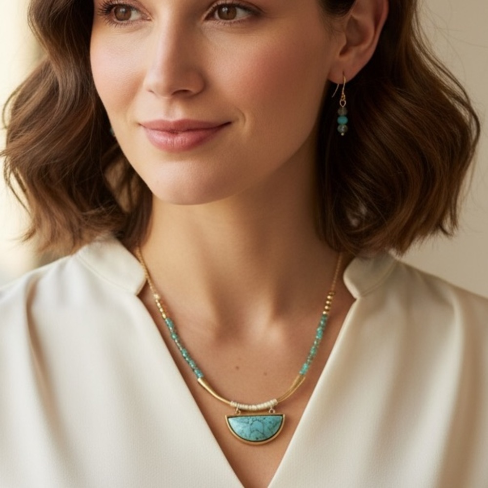 NWT Blue Tribal Necklace & Earrings Set – Goldtone Minimalist Boho Jewelry